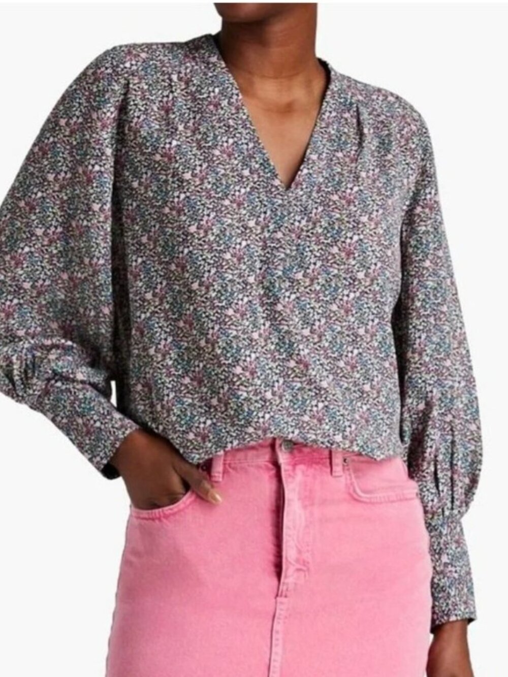 GANNI Multicolor Floral Crepe V Neck Blouse With Buttoned Sleeves